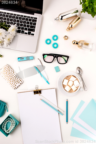 Image of Still life of fashion woman,  blue objects on white