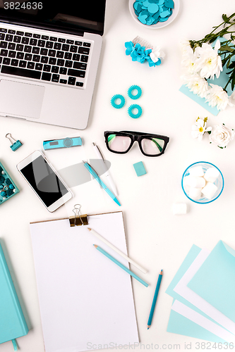 Image of Still life of fashion woman,  blue objects on white