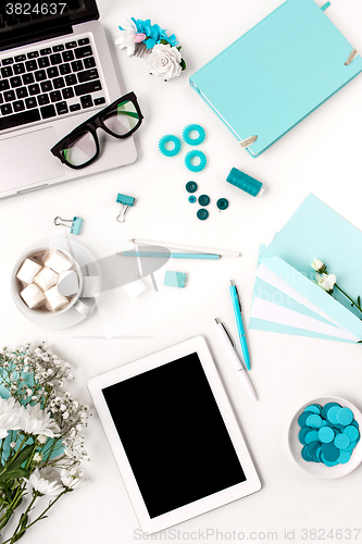 Image of Still life of fashion woman,  blue objects on white