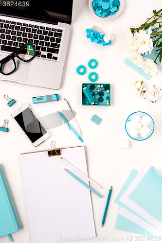 Image of Still life of fashion woman,  blue objects on white