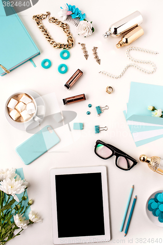 Image of Still life of fashion woman,  blue objects on white