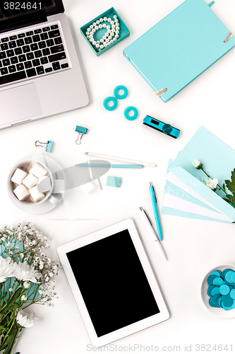 Image of Still life of fashion woman,  blue objects on white