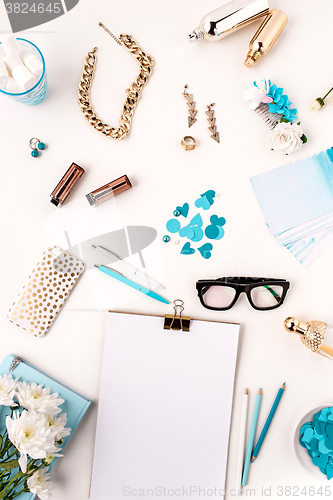 Image of Still life of fashion woman,  blue objects on white