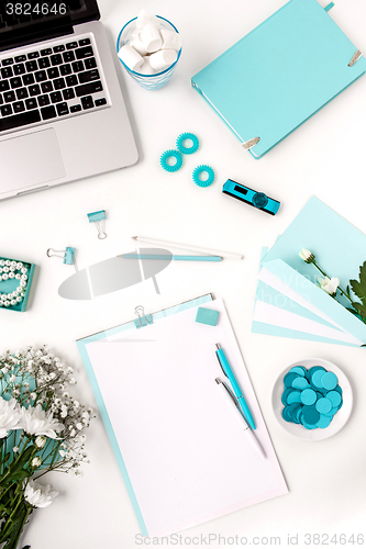 Image of Still life of fashion woman,  blue objects on white