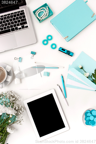 Image of Still life of fashion woman,  blue objects on white