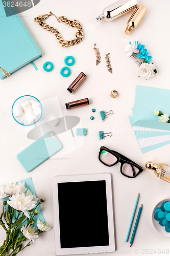 Image of Still life of fashion woman,  blue objects on white