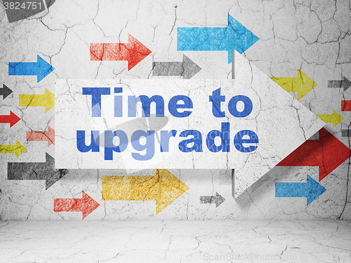 Image of Timeline concept: arrow with Time To Upgrade on grunge wall background