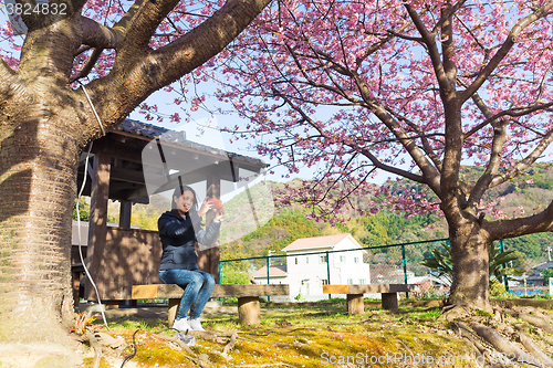 Image of Woman take image by cellphone under sakura tree