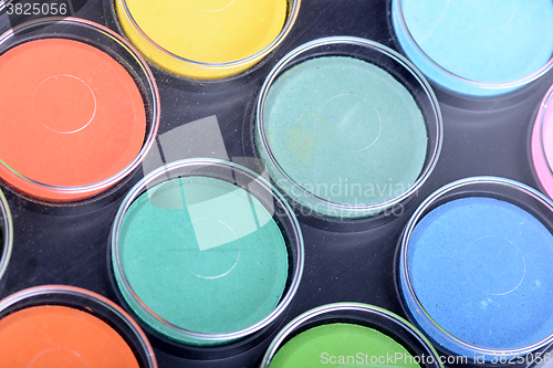 Image of set of watercolor paints close up