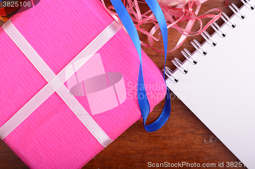 Image of Easter background with eggs, ribbons and spring decoration