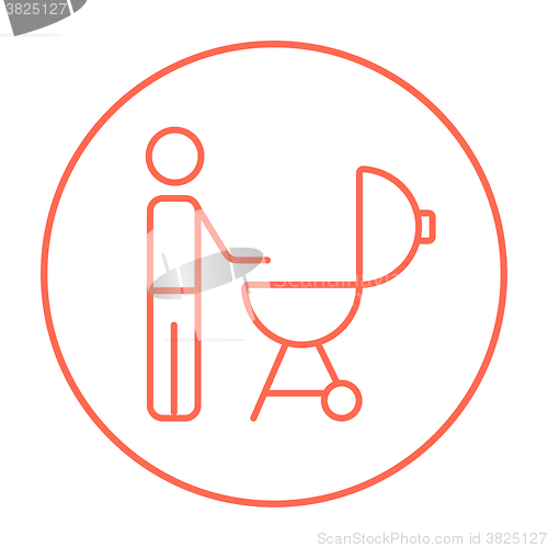 Image of Man at kettle barbecue grill line icon.