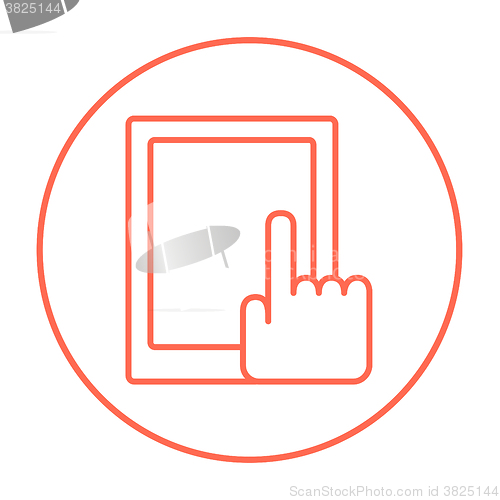 Image of Finger pointing at tablet line icon.