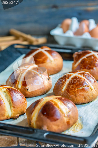 Image of English Easter buns close-up.