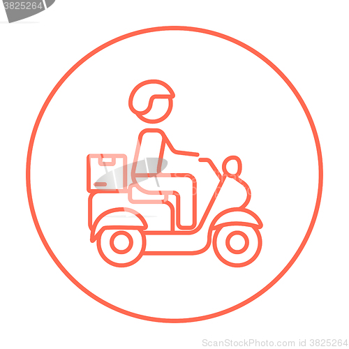 Image of Man carrying goods on bike line icon.