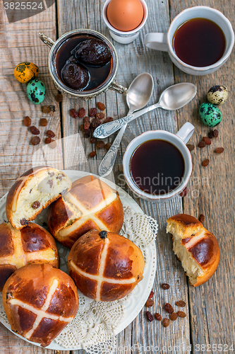 Image of Coffee with English Easter buns. Breakfast.