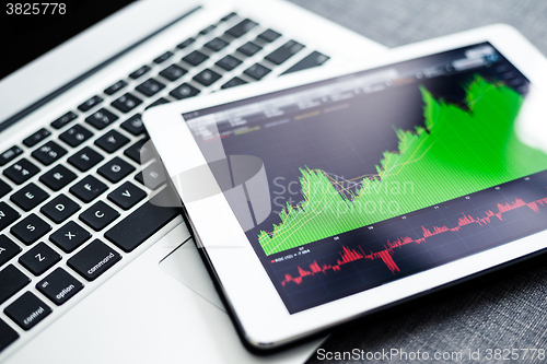 Image of Stock market graphs on tablet pc with laptop computer