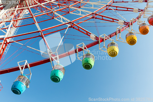 Image of Ferris wheel with blue sky