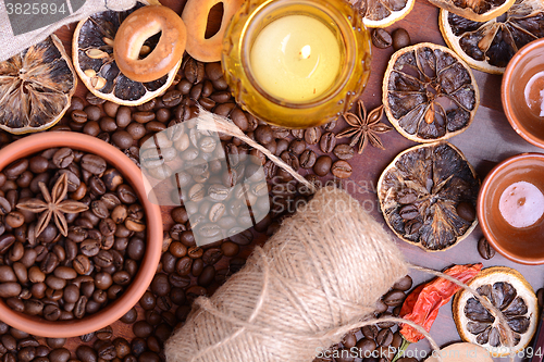 Image of Vintage still life with coffee beans on wooden background