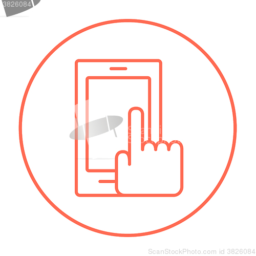 Image of Finger pointing at smart phone line icon.