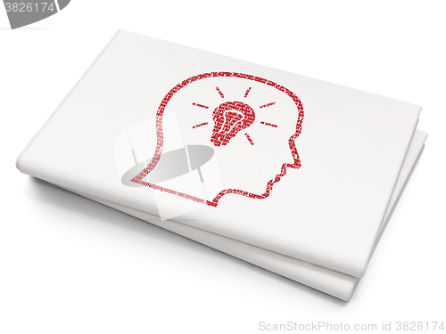 Image of Information concept: Head With Lightbulb on Blank Newspaper background