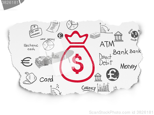 Image of Money concept: Money Bag on Torn Paper background