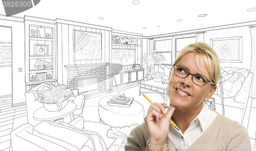 Image of Woman With Pencil Over Living Room Design Drawing