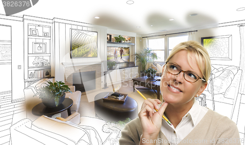 Image of Woman With Pencil Over Living Room Design Drawing and Photo