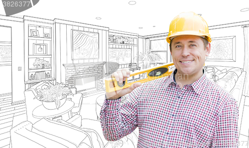 Image of Contractor in Hard Hat Over Custom Living Room Drawing