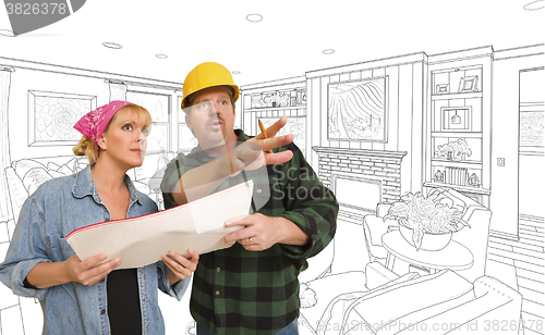 Image of Contractor Talking Plans With Woman Over Custom Living Room Draw