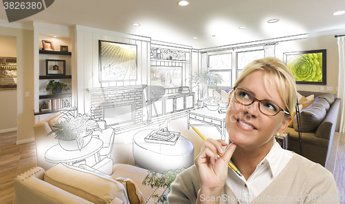 Image of Woman With Pencil Over Living Room Design Drawing and Photo