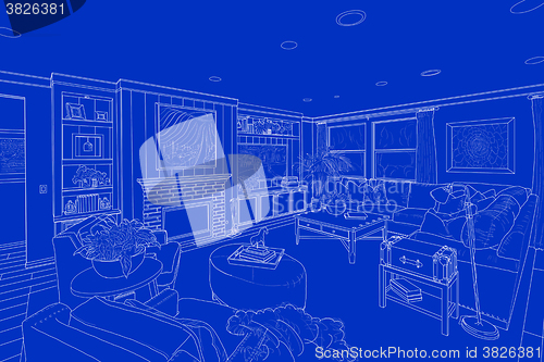 Image of White Line Drawing On Blue of a Custom Living Room
