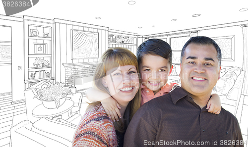 Image of Young Mixed Race Family Over Living Room Drawing On White
