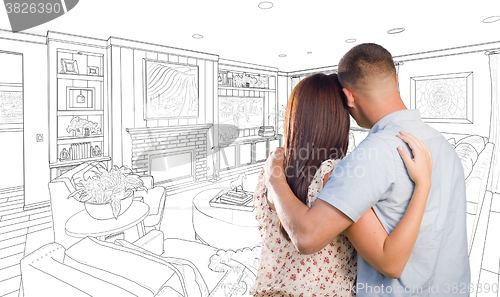 Image of Military Couple Looking Over Custom Living Room Design Drawing