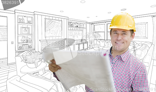 Image of Contractor Holding Blueprints Over Custom Living Room Drawing