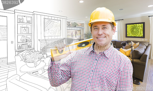 Image of Contractor in Hard Hat Over Living Room Drawing and Photo