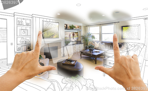 Image of Hands Framing Custom Living Room Drawing Photograph Combination