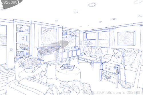 Image of Blue Line Drawing of a Custom Living Room