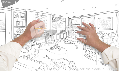 Image of Hands Drawing Custom Living Room Design on White