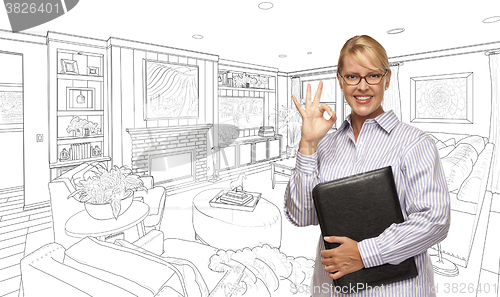 Image of Woman with Okay Sign Over Living Room Drawing Photo