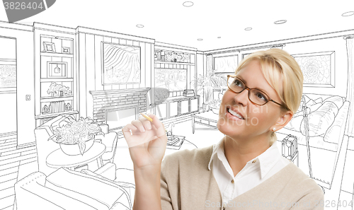 Image of Woman With Pencil Over Living Room Design Drawing