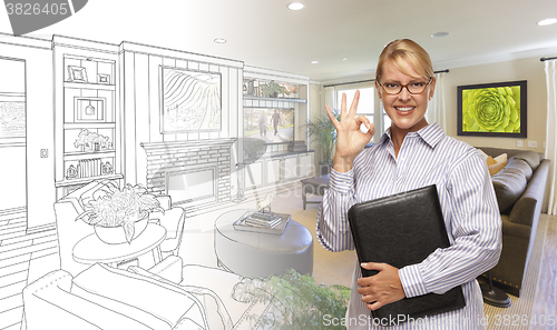 Image of Woman with Okay Sign Over Bedroom Drawing and Photo Combination