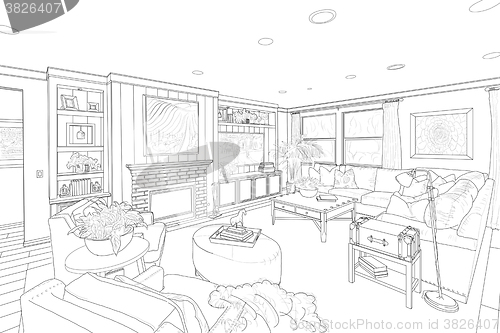 Image of Black Line Drawing of a Custom Living Room