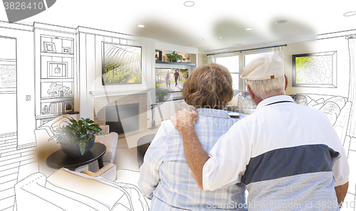 Image of Senior Couple Looking Over Custom Living Room Design Drawing Pho