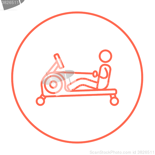 Image of Man exercising with gym apparatus line icon.