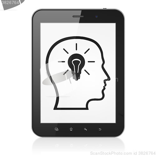 Image of Studying concept: Tablet Computer with Head With Lightbulb on di