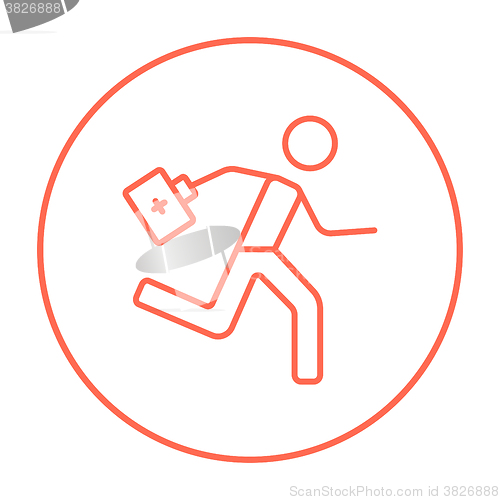 Image of Paramedic running with first aid kit line icon.