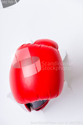 Image of Hand in boxing glove through paper hole