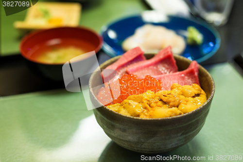 Image of Donburi of japanese seafood