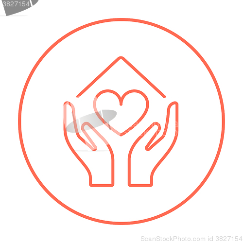 Image of Hands holding house symbol with heart shape line icon.