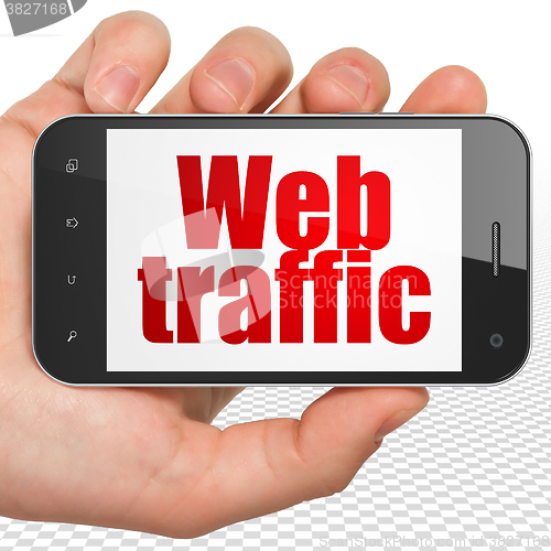 Image of Web design concept: Hand Holding Smartphone with Web Traffic on display